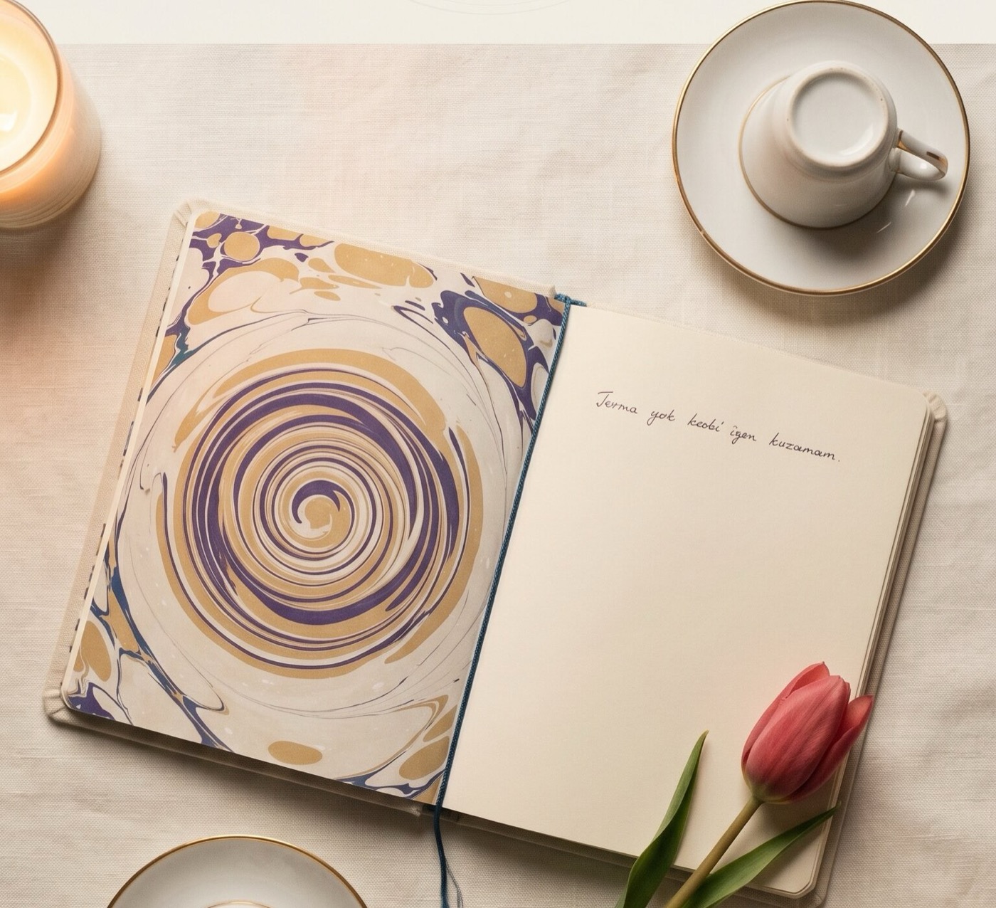 A marbled notebook open on linen, a tulip beside it and two cups