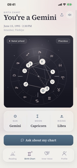 The Murmur birth chart screen showing the natal wheel